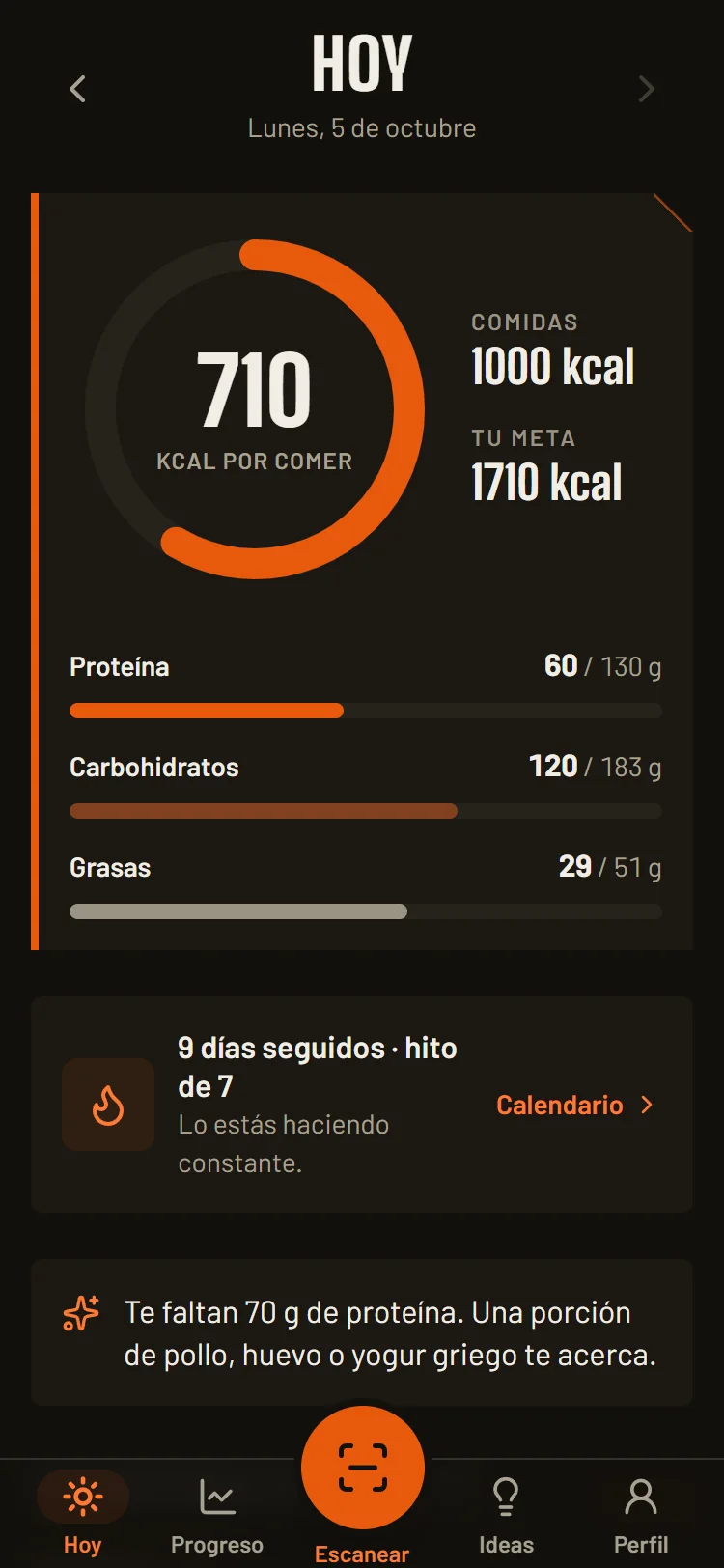 La app: pantalla Hoy con calorías que te quedan, macros y tu racha