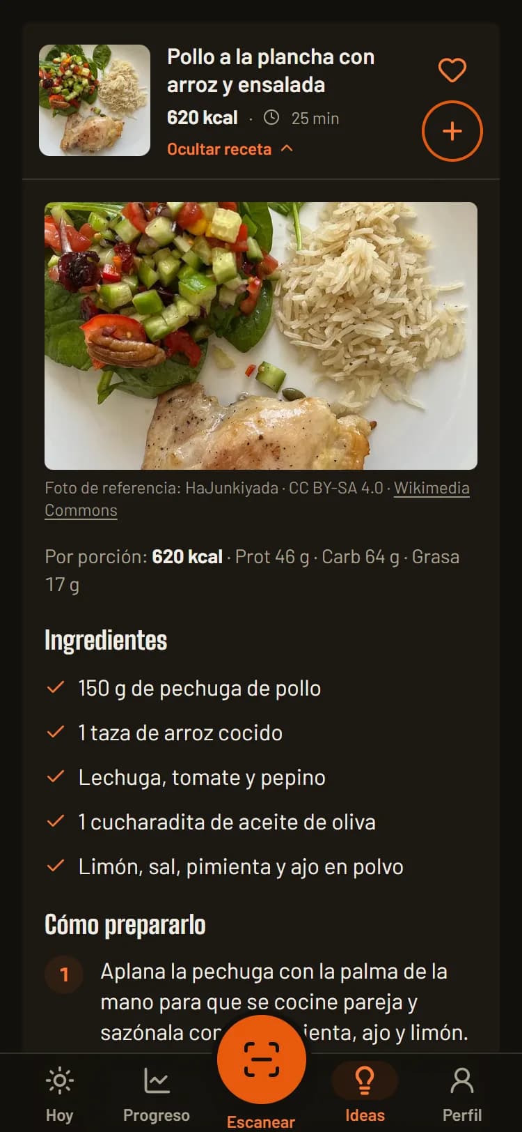 La app: receta con foto, ingredientes y pasos