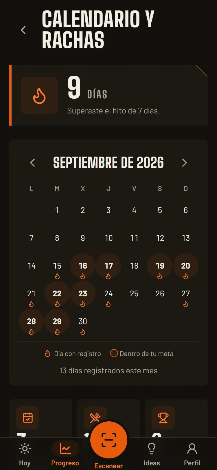 La app: calendario con tu racha de días registrados